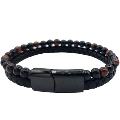Rhylane – Heren Armband - Leder & Stierenoog (rood tijgeroog) – Edelstaal sluiting – Zwart – 21 cm