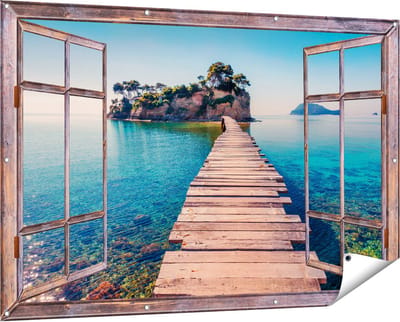 Gards Tuinposter Doorkijk Pad op het Water naar een Grieks Eiland - 150x100 cm - Tuindoek - Tuindecoratie - Wanddecoratie buiten - Tuinschilderij