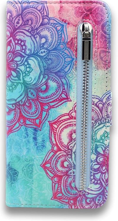 HB Hoesje Geschikt voor Apple iPhone 7 Plus & 8 Plus - Portemonnee met Print en Rits Vakje - Hoes met Pasjeshouder, Magneetlipje en Standaardfunctie - Mandala