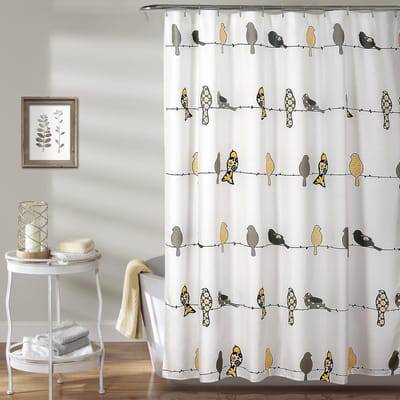 Famanu - Vogels douchegordijn 183x183 cm, geel-grijs, waterdicht textiel
