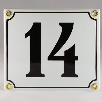 Huisnummer Emaille - Bord Nummer - Duidelijk Zichtbaar - Handgemaakt Verhoogd Cijfer - Nr 14 12.5cm Breed - Wit Zwart
