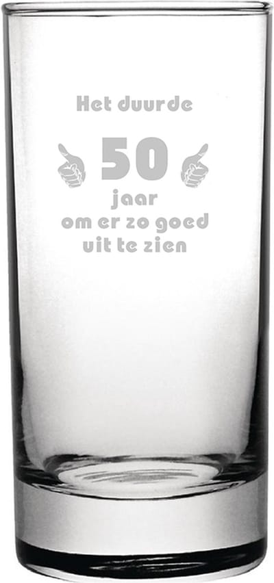 Gegraveerde longdrinkglas 28,5cl Het duurde 50 jaar om er zo goed uit te zien