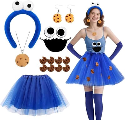 Dames Kostuum met Blauwe Tulle Rok en Monster Accessoires voor Carnaval en Halloween Cosplay