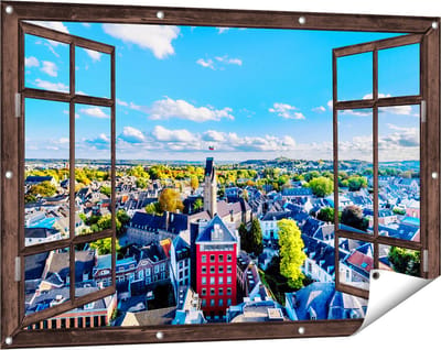Gards Tuinposter Doorkijk Maastricht Stad met Huizen - 120x80 cm - Tuindoek - Tuindecoratie - Wanddecoratie buiten - Tuinschilderij