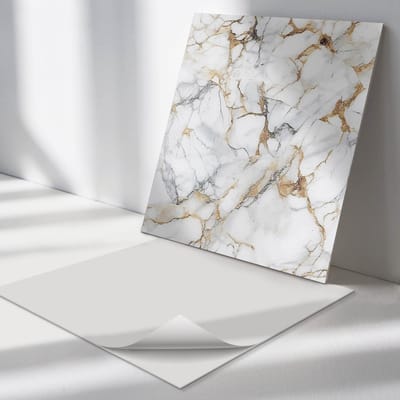 Wallfluent Vinyl Tegels - Elegant Marmerpatroon Zelfklevende Vinyltegels - 30 cm x 30 cm - Wit Vinyl Tegels - Verpakking van 9 stuks - Vierkant PVC Tegels - Texturen Plaktegels - Vloer Tegels PVC - Plaktegels Keuken en Badkamer