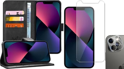 Hoesje geschikt voor iPhone 13 Pro - Book Case Kunstleer Wallet - Zwart - Met Screenprotector en Camera Screen Protector