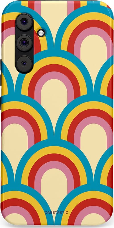 Casetastic hoesje geschikt voor Samsung Galaxy A54 (2023) 5G - Dubbellaagse bescherming - Retro regenboog - Fashion Case - Lichtblauw Crème Goud Rood