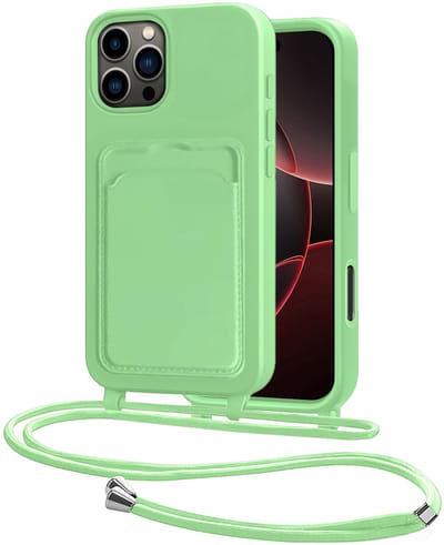 Hoes Geschikt voor iPhone 16 Pro Hoesje Pasjeshouder Cover Met Koord Case Siliconen Hoes Met Telefoonkoord en Kaarthouder - Groen