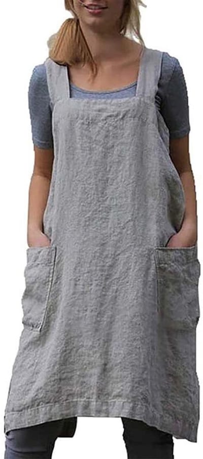 Kruisgeweven schort, effen katoenen linnen schort met grote zak in Japanse stijl, vintage literatuurschort voor vrouwen, keuken, tuin, bloem, grijs