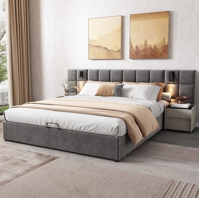 MIVRAY Gestoffeerd Bed 180x200 cm - Tweepersoonsbed met Hydraulische Opbergruimte, Leeslamp en USB - Zonder Matras - Fluweel - Grijs