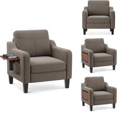 COLAMY stoffen fauteuil met houten zijpanelen - sterk draagvermogen 136 kg - comfortabel en stevig - bruin