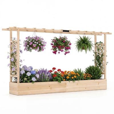 Plantenbak met klimrek - Bloembak - Weerbestendig - Met trellis - Buiten - Hout - Plantenrek - Naturel