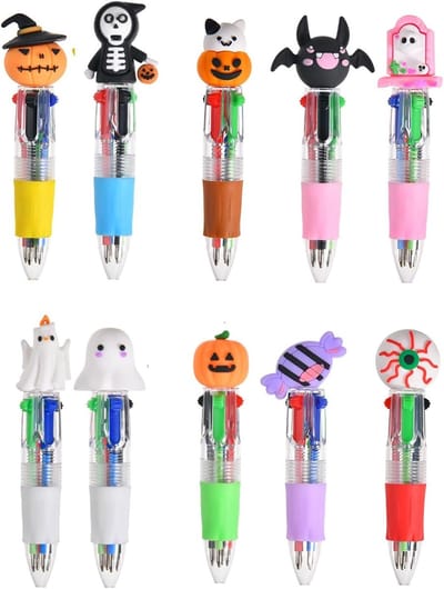 Halloween balpen met meerdere kleuren en schattige caps van spook, vleermuis, pompoen en schedel