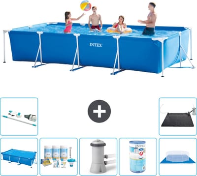 Intex Rechthoekig Frame Zwembad - 450 x 220 x 84 cm - Blauw - Inclusief Solarzeil - Onderhoudspakket - Zwembadfilterpomp - Filter - Grondzeil - Stofzuiger - Solar Mat - 8-delig