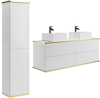 Vente-unique Zwevend geribbeld badkamermeubel met dubbele vierkante opbouwkom en kolomkast - Wit - 150 cm - KELIZA