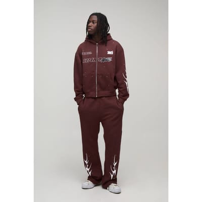 Oversized Boxy Trainingspak Met Strass Steentjes En Moto Ritssluiting | Chocolate | Size XL