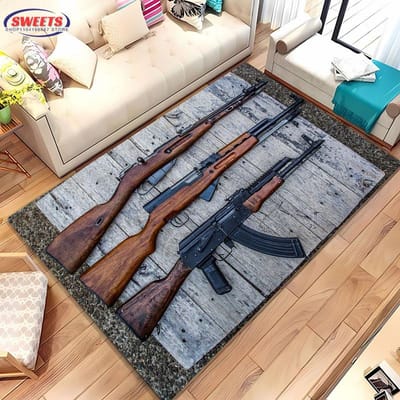 Wapen Thema Vloerkleed , Aanvalsgeweer Pistool Revolver Wapen Tapijt voor Woonkamer Slaapkamer Bank Deurmat Decoratie Antislip Vloermat Cadeaus 60*90cm