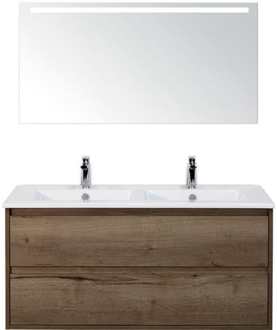Porto Badmeubelset 120 cm - 2 Laden Tabacco - Keramische Wastafel Wit Slim met Sence Spiegel