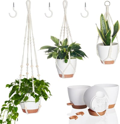 3-delige hangende plantenpotten voor binnen, 20 cm zelfwaterende potten, hangers voor kamerplanten en bloemen