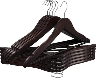 Famanu – Anti-slip houten kleerhangers van premium kwaliteit met ronde broekstang en schoudergroeven - 360 graden draaibare haak - slank en duurzaam ontwerp voor jassen - pakken en broeken - set van 20 - walnootafwerking