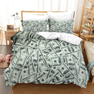 Housse de couette motif argent King/Queen Size, Billets de dollars avec le portrait de Ben Franklin, Ensemble de literie décoratif 2/3 pièces en polyester EU single(135x200cm)