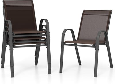 COSTWAY Set van 4 stapelbare tuinstoelen, stapelstoelen van textiel en metalen frame, terrasstoelen met armleuningen, balkonstoelen, belastbaar tot 150 kg, 56 x 70 x 84 cm, bruin