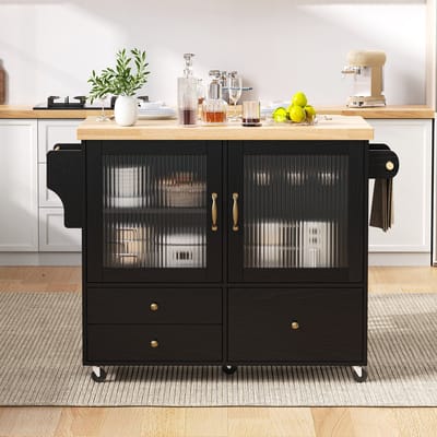 Keukentrolley - Uitschuifbare Eettafel Met Wijnglashouder en Opbergruimte - Mobiele Keukentrolley - Zwart