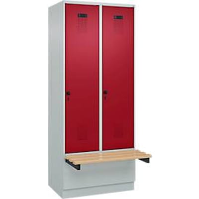 C+P Evolo Plus garderobekast, 2 vakken van elk 400 mm breed, sokkel, zwevende bank, B 800 x D 815 x H 1950 mm, draaigrendel, lichtgrijs/ruy rood