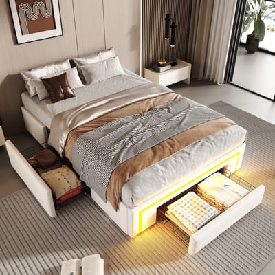 DESMIU Bed 90x200 Cm – Gestoffeerd Bed Zonder Hoofdbord Met Led-Lichtstrip En Opberglades – Voor Slaapkamer – Pu-Leder – Wit – Zonder Matras