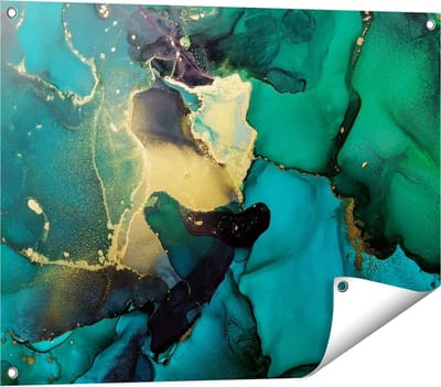 Gards Tuinposter Abstracte Kunst - Groen met Goud - 80x60 cm - Tuindoek - Tuindecoratie - Wanddecoratie buiten - Tuinschilderij