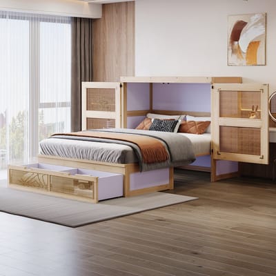 Wandklapbed - 140 x 200 cm - Met Lattenbodem Opberglades Rattan Design - Hout - Houtkleur