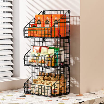 Afneembaar en Opvouwbaar Keukenrek met Haken - 3-Lagen Wandrek en Fruitmand van Metaal - Duurzaam Koolstofstaal - Zwart - 30x19,8x55,8 cm