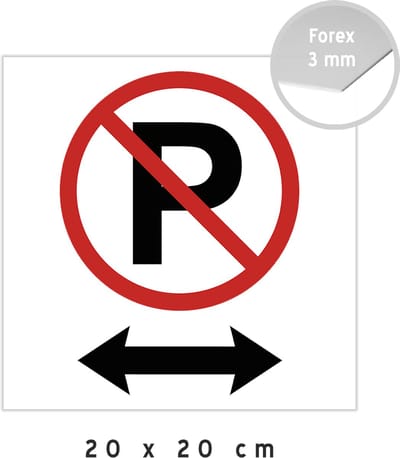 Pictogram/ bord | Parkeerverbod met pijlen <---> | 20 x 20 cm | Wit | Hier niet parkeren | Wegsleepregeling | Pijl | Overlast | No parking | Vierkant | Kunststof | Forex | 1 stuk