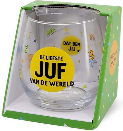 Schooljaar - Snoep - Wijnglas - De liefste Juf van de wereld - zijden lint: "Speciaal voor jou" - Cadeauverpakking