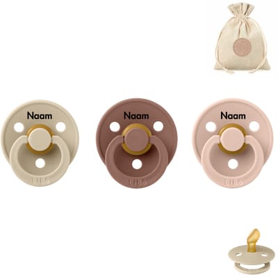 BIBS fopspenen anatomisch met naam - maat 2 - vanilla, woodchuck en blush + BolleToet speenzakje