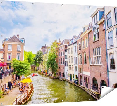 Gards Tuinposter Huizen aan de Oudegracht in Utrecht - 160x120 cm - Tuindoek - Tuindecoratie - Wanddecoratie buiten - Tuinschilderij