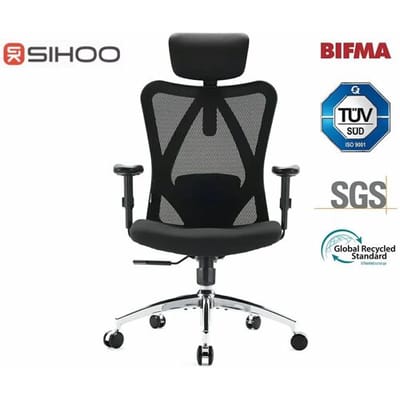 SIHOO M18 Ergonomische Bureaustoel-4-Punts Ondersteuning (Hoofd/Rug/Heup/Handen)-Ademend Mesh Design-Verstelbare Hoofdsteun & Lendensteun-Geschikt voor 1.68m-1.88m-Tot 150kg Draagvermogen-BIFMA Gecertificeerd-Ideaal voor Kantoor/Thuis/Gaming——Zwart