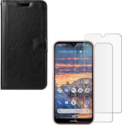 hoesje Geschikt voor: Nokia 3.2 Portemonnee zwart met 2 stuks Glas Screen protector
