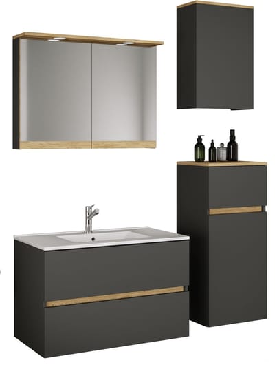 VCM 5-tlg. Waschtisch Set mit Keramikbecken, Badschrank mit 2 Softclose-Schubladen, Midischrank, Hängeschrank, Spiegelschrank mit Beleuchtung und Steckdose, Maße Unterschrank H. 51 x B. 81 x T. 47 cm, Cosila-I