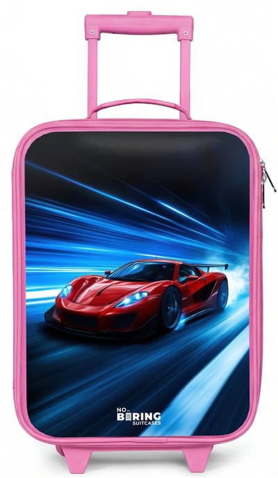 NoBoringSuitcases.com® - Kinderkoffer roze - Kindertrolley meisje - Rode racewagen in digitale snelheidswereld - Koffer kind lichtgewicht - Reiskoffer trolley voor kinderen - Koffertje met lichtgevende wieltjes - Rolkoffer
