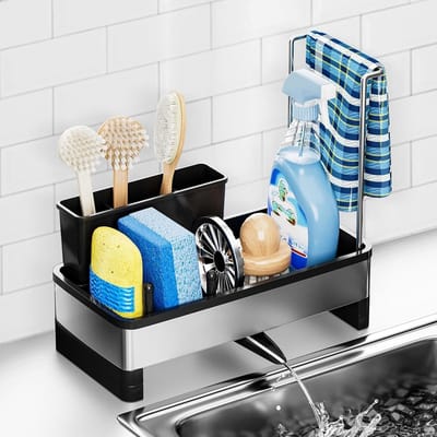 Keukenkast Organizer - Gootsteenorganizers Kast - Vaatdoekhouder - 360° Draaibare Afvoer - Afneembare Borstelhouder - Zwart