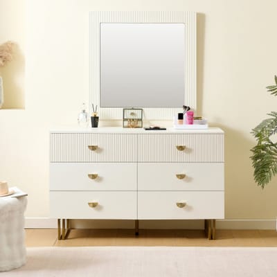 Modern Wit Dressoir met Spiegel – 6-Laden Kast met Gouden Accenten & Vierkante Wandspiegel 80x80 cm – Elegant Sideboard voor Woonkamer, Slaapkamer of Hal – 120x40x75 cm