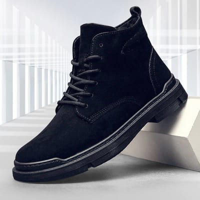 Heren Suède Enkellaarzen Retro Hoge Werklaarzen Comfortabele Buiten Motorlaarzen Vetersluiting Casual Herfstlaarzen 44 black
