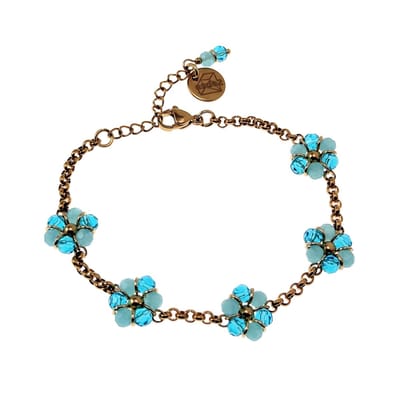 17 tot20 cm Armband Dames - Verguld RVS - Goudkleurig - Ronde Schakelarmband met Turquoise Bloemen - Verstelbaar