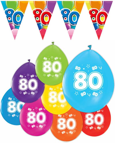 Feestpakket 80 jaar / 8 ballonnen en 1 vlaggenlijn 10 meter - Versiering Slinger Feestdecoratie Decoratie Verjaardag Jubileum Ballon Feest
