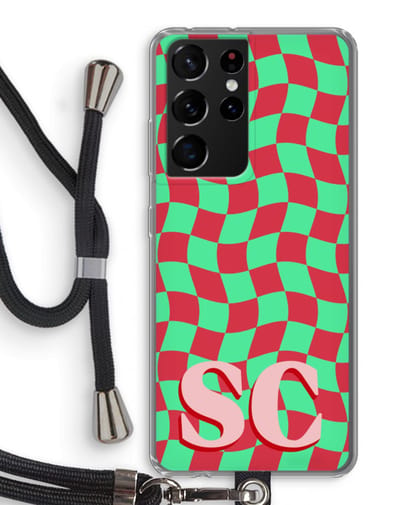 Gepersonaliseerd - Case Company® - Hoesje met koord geschikt voor Samsung Galaxy S21 Ultra hoesje met Koord - Grid Monogram - Telefoonhoesje met Zwart Koord - Bescherming aan alle Kanten en Over de Schermrand