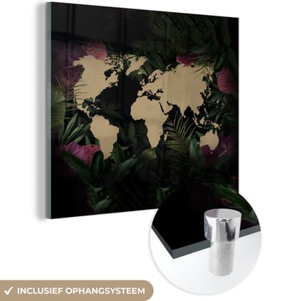 ® Glasschilderij 90x90 cm - Schilderij acrylglas - Wereldkaart - Bruin - Bloemen - Foto op glas - Muurdecoratie woonkamer - Wanddecoratie slaapkamer - Schilderijen