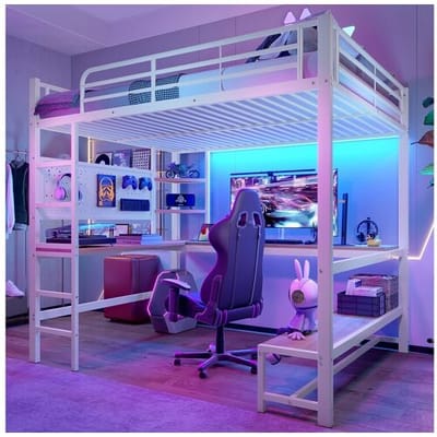 Merax Kinderhoogslaper - 140 x 200 cm - ijzeren frame - met bureau + LED's + USB + Type-C - metaal + MDF - wit