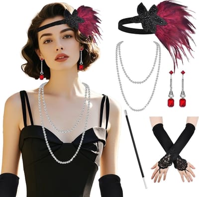 Stijlvol 1920s Kostuum Accessoire Set voor Vrouwen met Hoofdband, Ketting, Handschoenen en Props, Perfect voor Flapper Themafeesten en Retro Evenementen