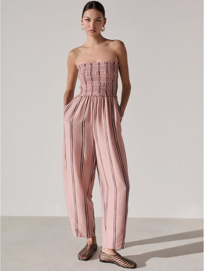 Next - Dames - Bandeau-jumpsuit met gesmokte body en Barrel jeans - Tall - Roze